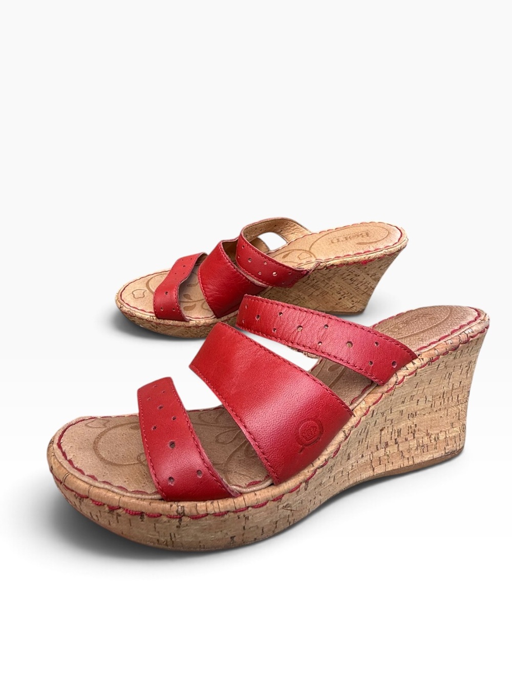Born Red Leather Marjorie Cork Wedge Slide Sandals boho Vacation Comfort Size 9